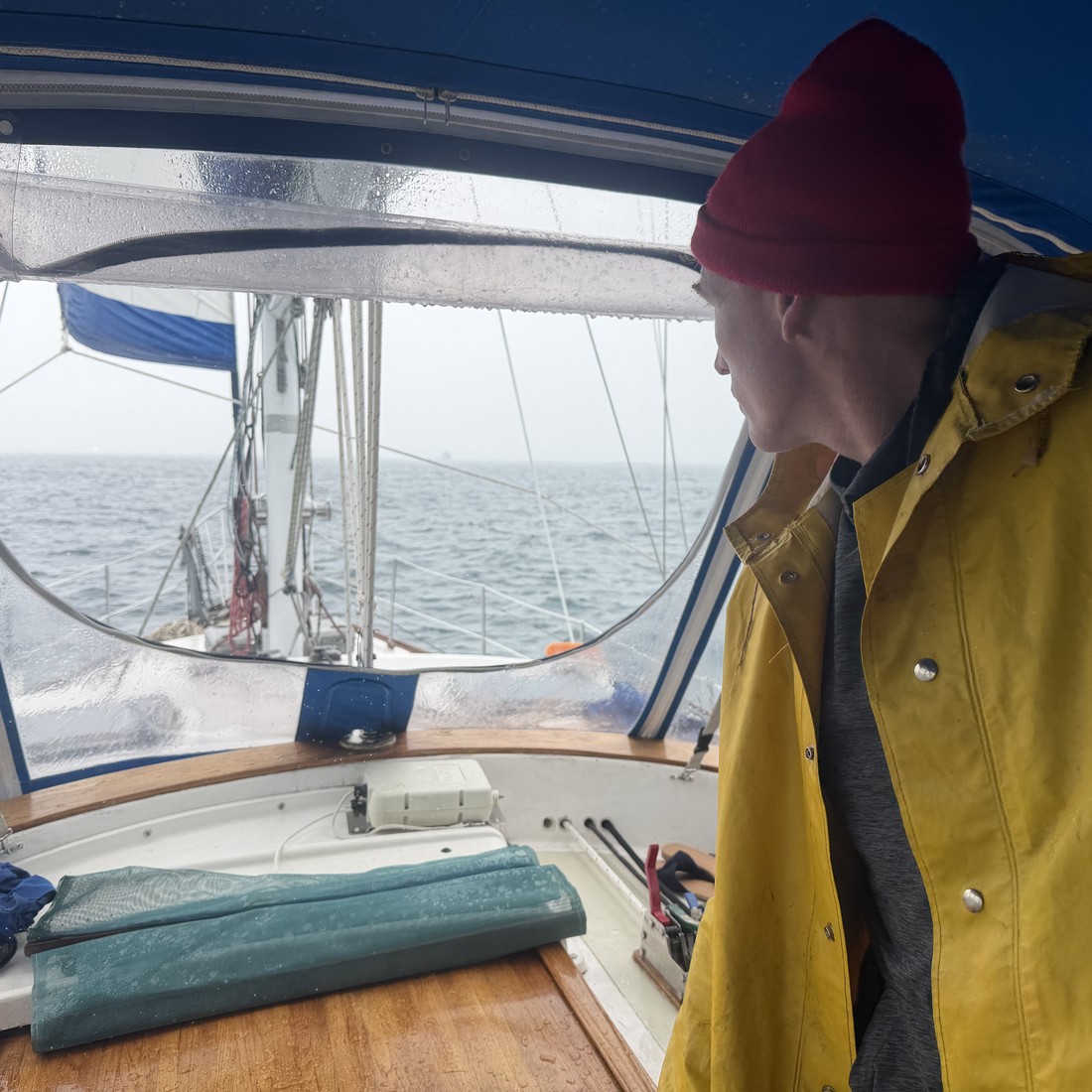 Jason at the helm, underway