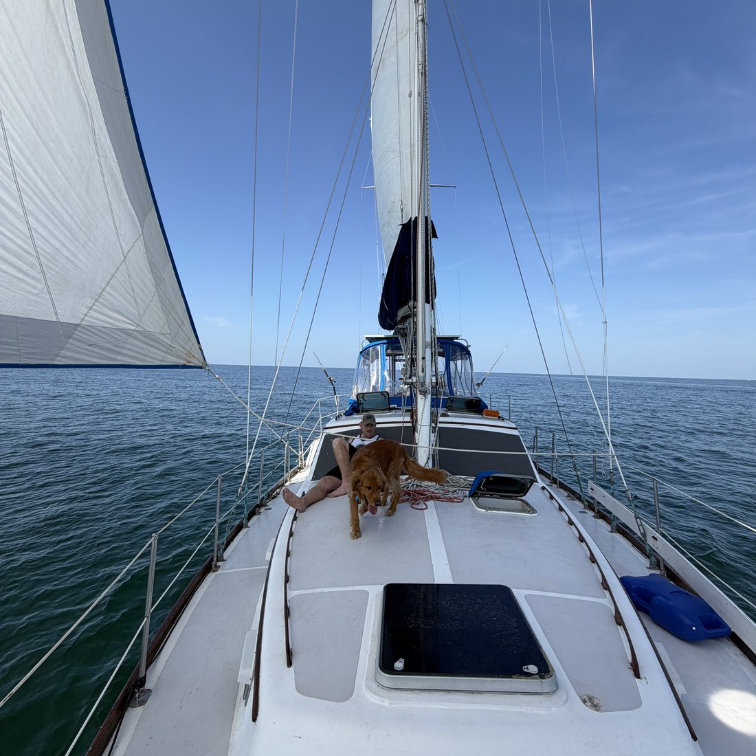 Looking forward along the deck with the sail up