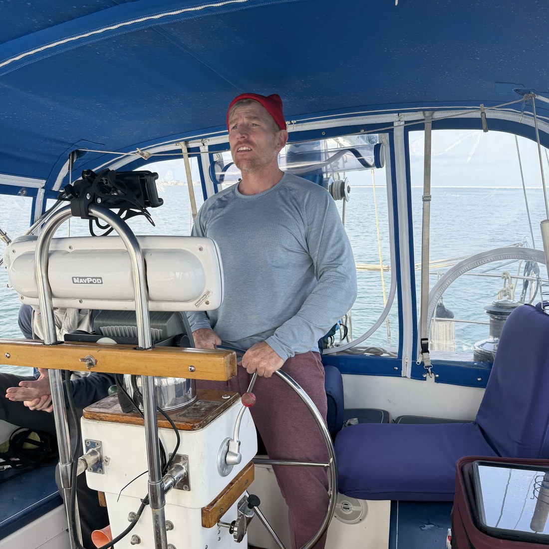 Jason steering from the cockpit