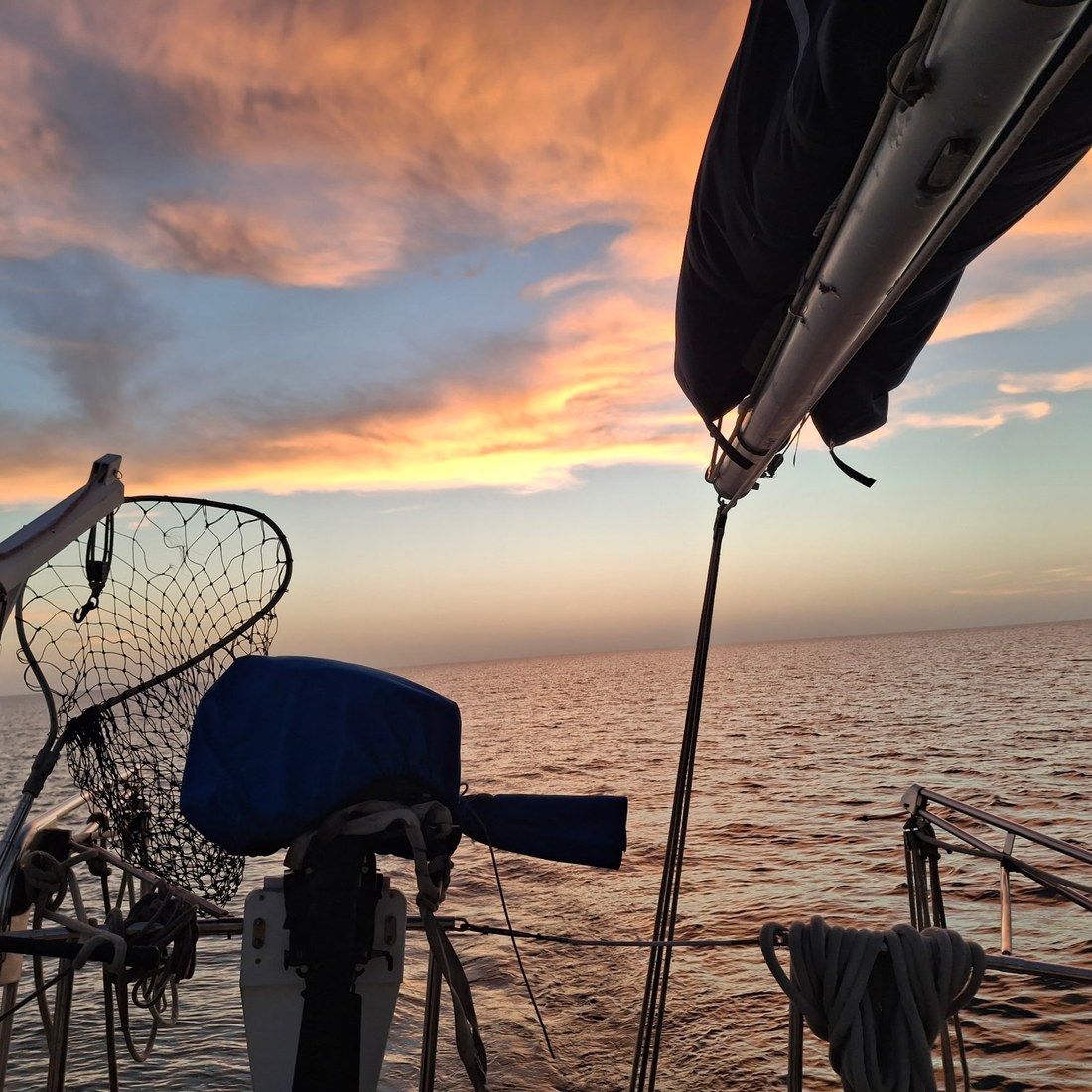 Fishing gear on deck at sunset